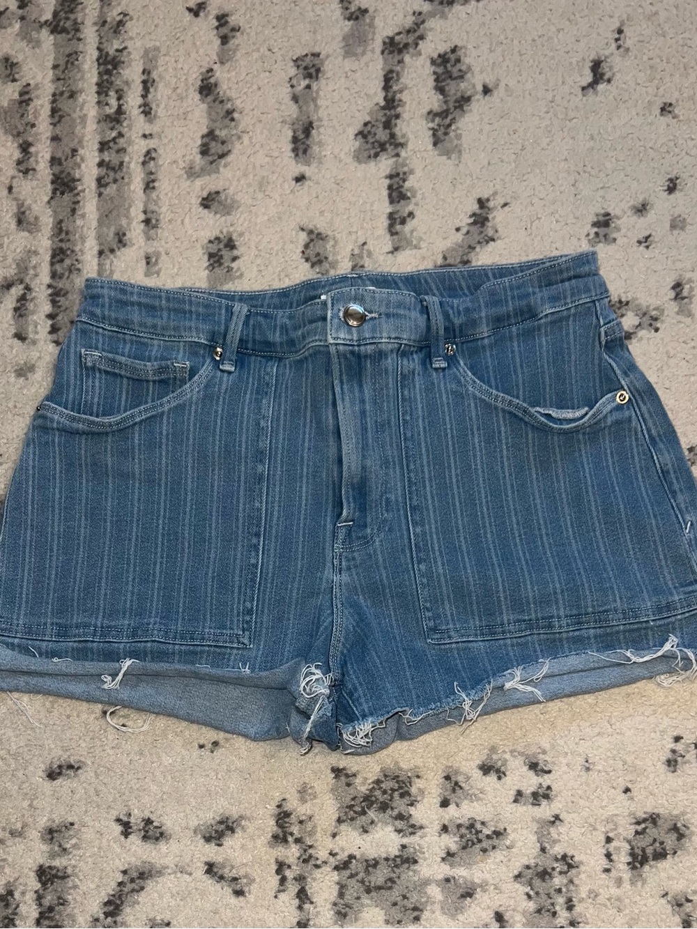 Good American Blue Striped Denim Cutoff Shorts